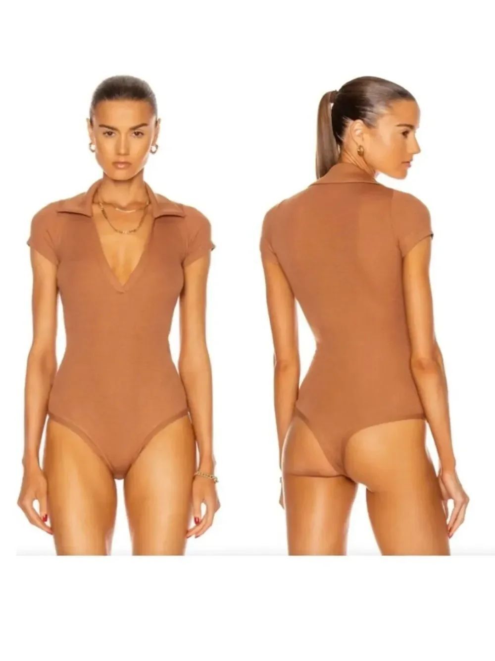 ALIX Brown Collared Ribbed Body Suit - Snap Closure Bottom - NEVER WORN - Small